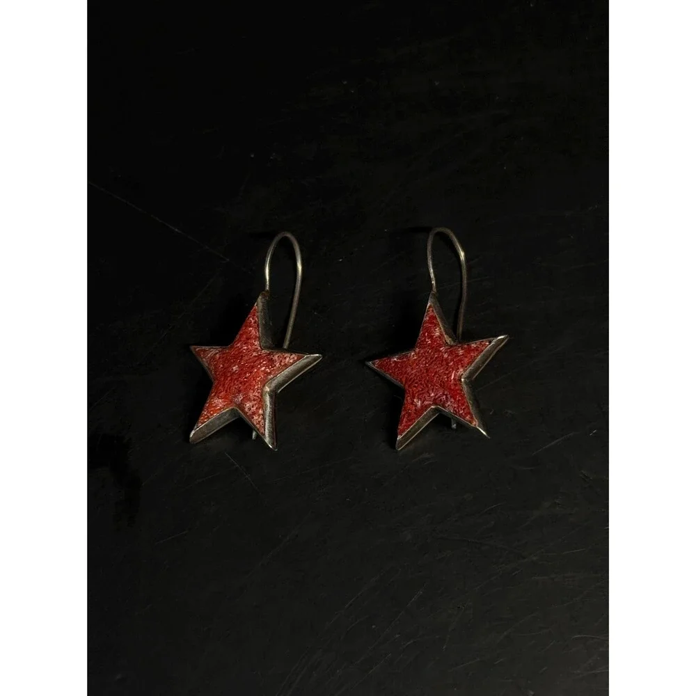 Vintage Devine 925 Sterling Silver Coral Star Dangle Earrings